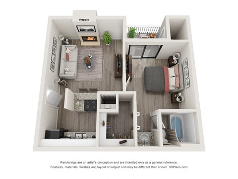 Floor plan for 1 bed, 1 bath, 570 sqft